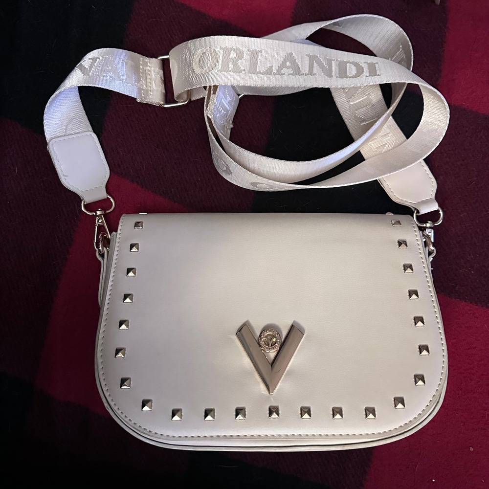 Valentino Orlandi Studded Crossbody Bag White Gold V Logo Strap
